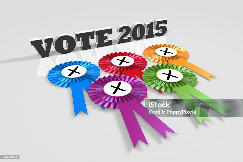 UK Vote 2015 Title and Rosettes angled Computer generated 3D concept image for the UK General Election 2015 2015 Stock Photo
