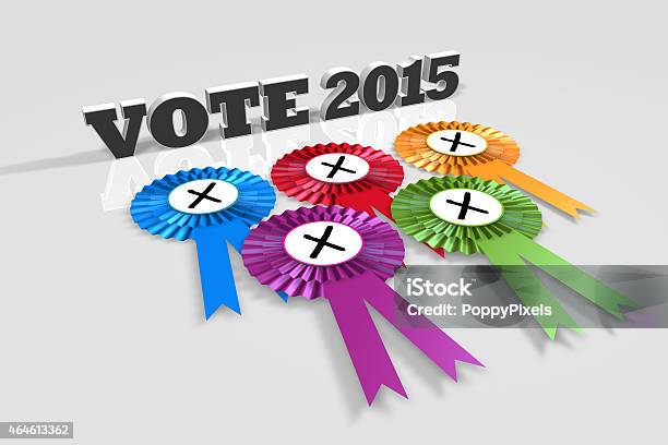 Uk Vote 2015 Title And Rosettes Angled Stock Photo - Download Image Now - 2015, Award Ribbon, Blue