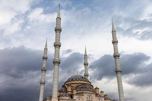 Largest Antalya province Muslim islam religion Tahtakale Camii mosque with four minarets in Turkey Manavgat