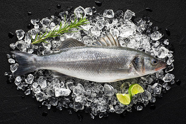 peixe fresco no gelo em uma mesa de pedra preta - rock bass - fotografias e filmes do acervo