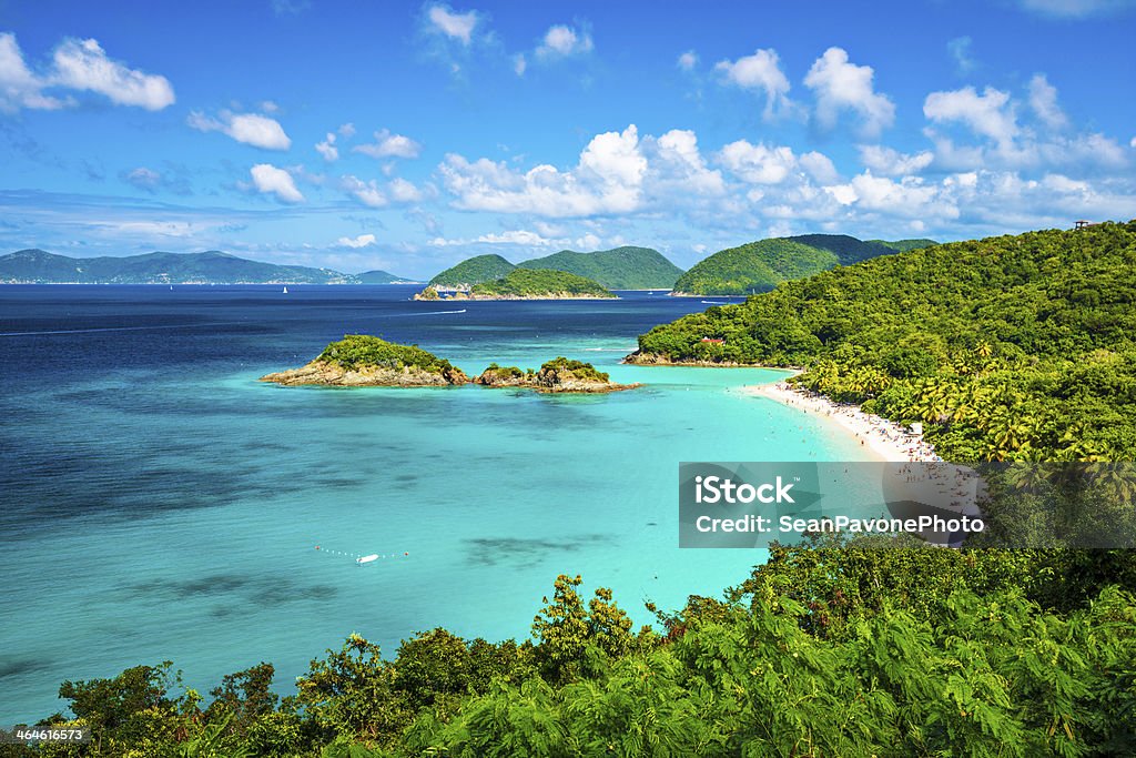 A panoramic view of the beach at Trunk Bay in St John  Trunk Bay, St John, United States Virgin Islands. Caribbean Stock Photo