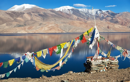 Tso Moriri Lake with prayer flags - Ladakh - Jammu and Kashmir - India