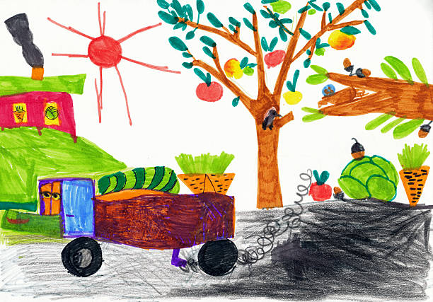 istock children's drawing. harvesting in the village 464619218