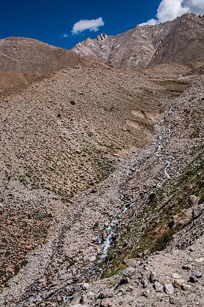 A small stream of melted snow leading down from Khardungla Pass; the highest motorable road in the World.