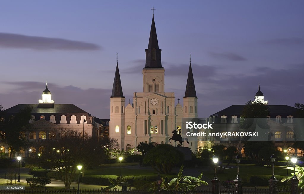 New Orleans main square Late evening view of Jackson Square, the center of French Quarter, which is New Orleans old town. Visible is St Louis Cathedral-Basilica, Andrew Jackson Statue and old spanish administration buildings on its sides: Cabildo and Presbytere. Andrew Jackson - US President Stock Photo