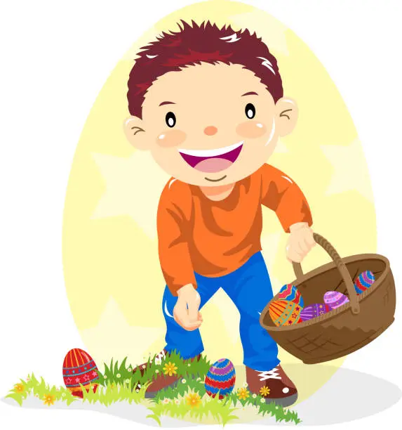 Vector illustration of Little Boy Hunting Easter Egg in Nature