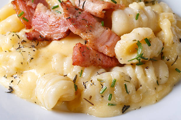 gnocchi with cheese and bacon macro horizontal top view