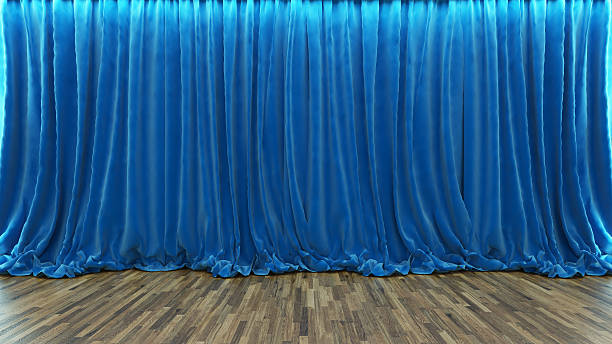 istock 3d rendering theater stage with blue curtain and wooden floor 464636434