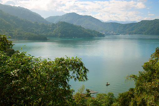 Tree covered hills, shores of Sun Moon Lake, Syuanguang, Taiwan