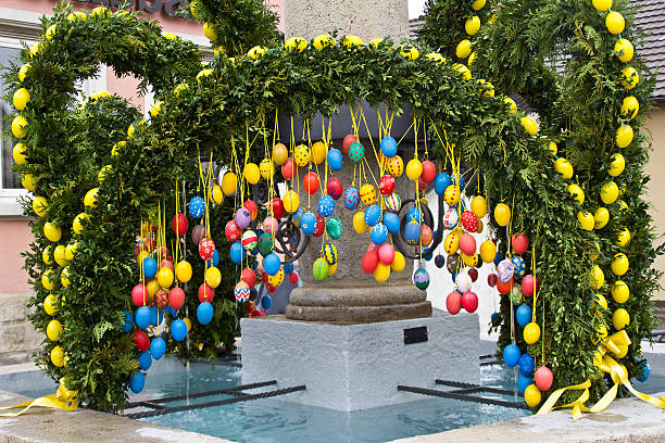 Easter fountain decorated with Easter eggs.