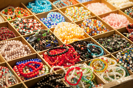 Beaded bracelets for sale in a Taiwanese market, Taipei