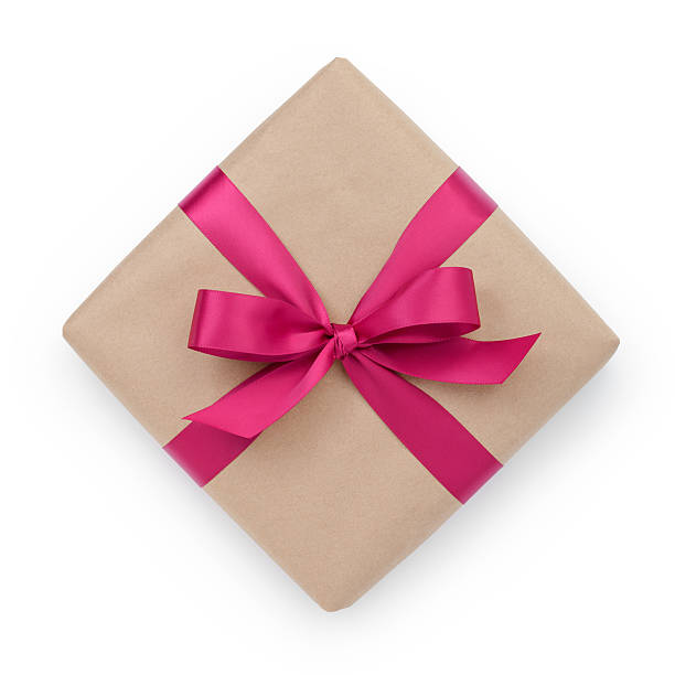wrapped brown present box with purple ribbon bow