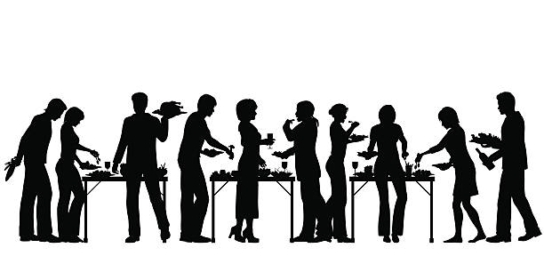 Buffet EPS8 editable vector silhouettes of people enjoying a buffet with all elements as separate objects food service occupation food and drink industry party buffet stock illustrations