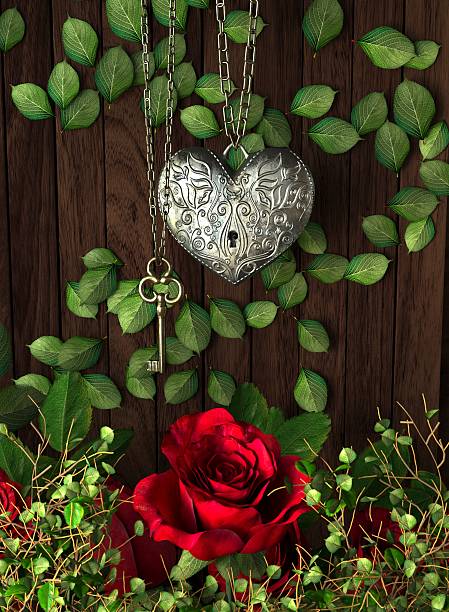 istock Roses and a heart with key on wooden board 464654420