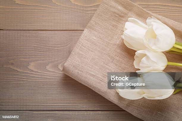 Beautiful White Tulips On Wooden Background With Copy Space Stock Photo - Download Image Now
