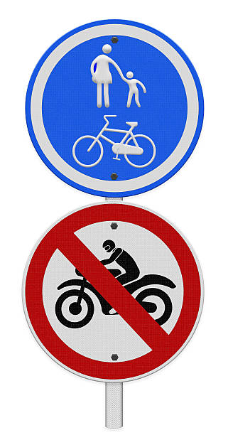 istock Bicycle and pedestrian lane road sign on pole post 464666908