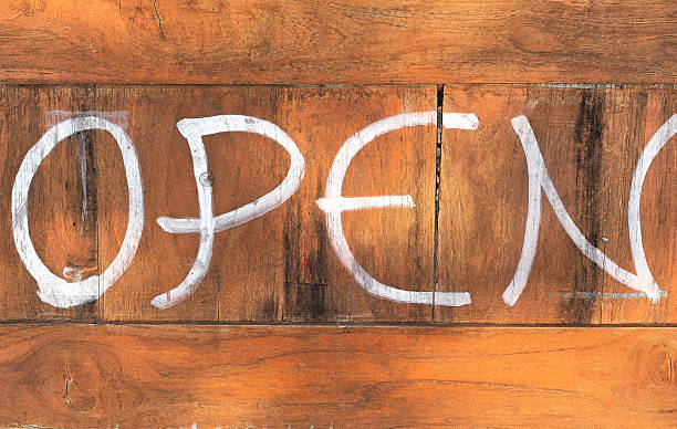 istock Signs symbolize open on wood background 464671144