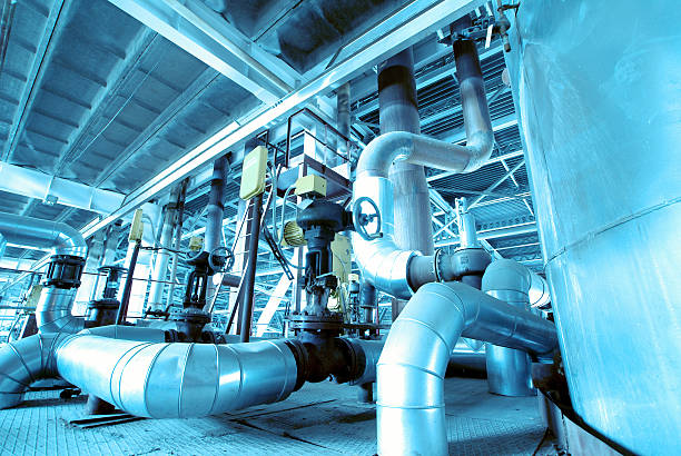 istock Industrial zone, Steel pipelines in blue tones 464671444