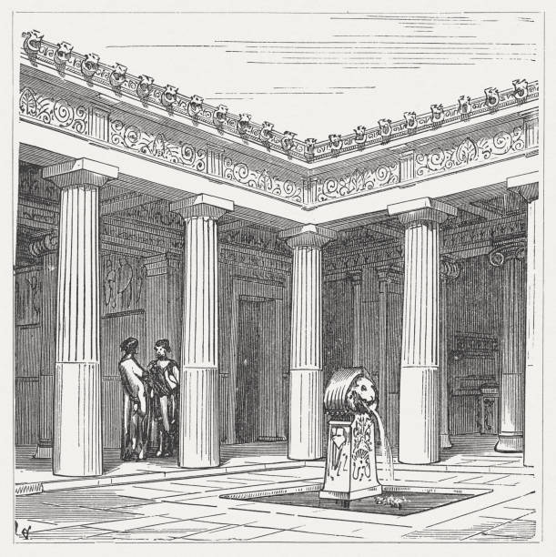 Courtyard of an Athenian residential building, by Eugène Viollet-le-Duc (1814-1879) Courtyard of an Athenian residential building. Woodcut engraving after a drawing by Eugène Viollet-le-Duc (French architect, 1814 - 1879), published in 1882. paved yard stock illustrations