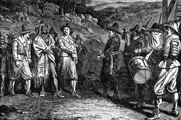 pilgrims receiving Massasoit Massasoit was the great indian chief who interacted with the pilgrims from the first original colony. He lived from 1581 to 1661 pilgrims stock illustrations