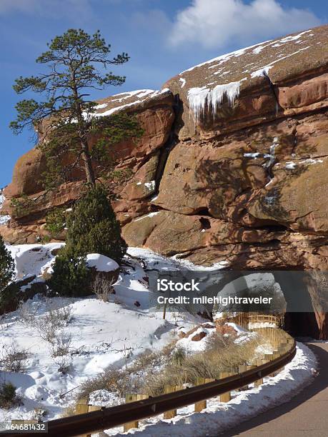 Snow And Icicles On Red Rocks Park And Ampitheater Colorado Stock Photo - Download Image Now