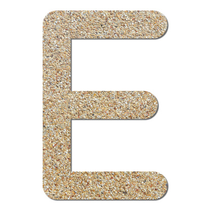Font rough gravel texture alphabet E with shadow and path