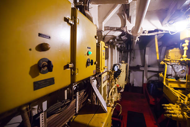 istock Engine room on a cargo boat ship with gears 464692284