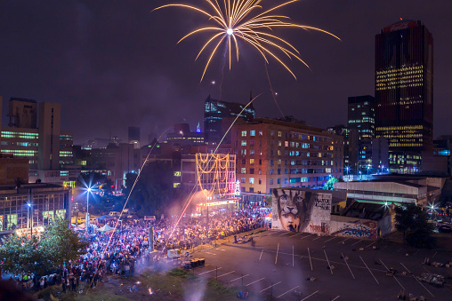 Johannesburg, South Africa - February, 21st 2015: Chinese New Years celebrations in Johannesburg. A fireworks display, food and people flock the streets of Johannesburg at the Chinese centre in Johannesburg city.