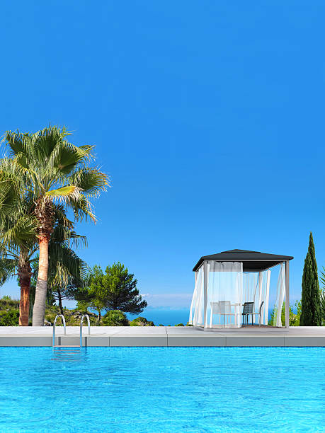 istock swimming pool, pavilion, palms and cypress 464697540