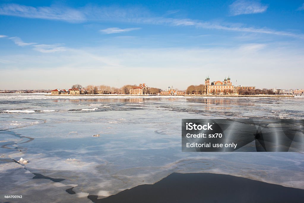 Ellis Island under Polar Vortex Frozen Hudson River New York City, NY, USA - February 24, 2015:  2015 Stock Photo