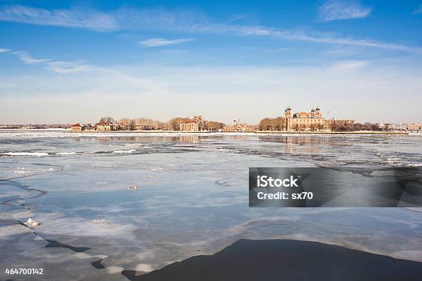 Ellis Island Under Polar Vortex Frozen Hudson River Stock Photo - Download Image Now