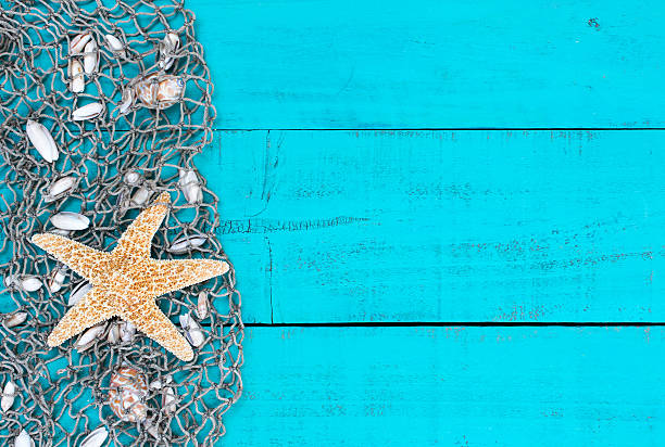 istock A starfish, net and shells on a blue beach sign 464700328