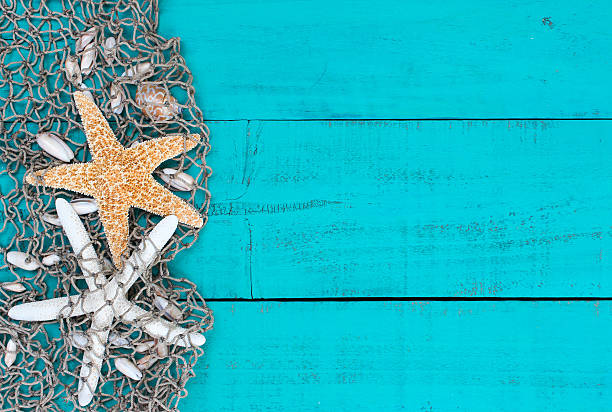 istock Blank blue beach sign with starfish and seashells 464700330