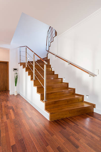 istock Wooden stairs in luxury house 464700574