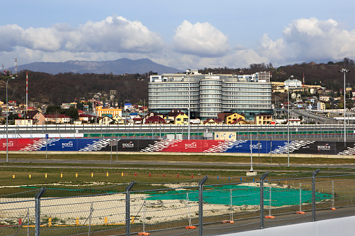 Sochi, Russia - February 15, 2015: Rostrum of Sochi Autodrom previously known as the Sochi International Street Circuit. Formula 1 Russian Grand Prix 2014
