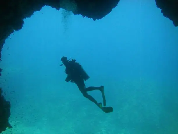 Diver in front of a underwater cave