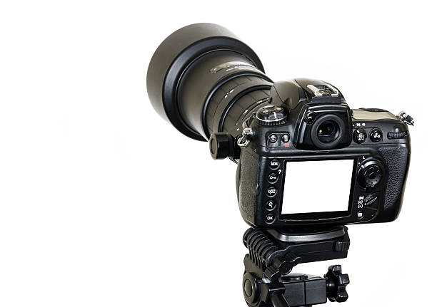 istock Digital SLR camera with zoom telephoto lens and blank screen 464705548