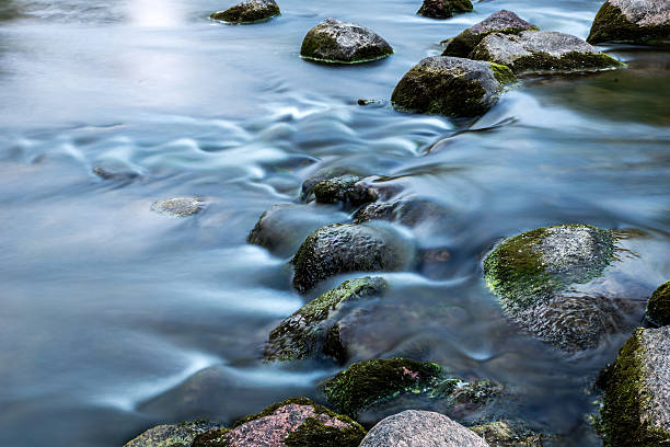 Rocks in slow rinnig stream Rocks in stream with smooth flowing water stream body of water stock pictures, royalty-free photos & images