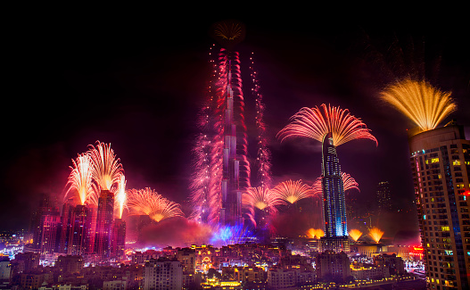 Dubai, UAE - January 1, 2015: New Year Celebrations Fireworks at Burj Khalifa in Dubai