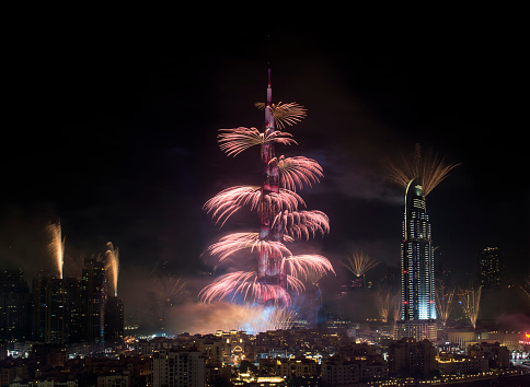 Dubai, UAE - January 1, 2015: New Year Celebrations Fireworks at Burj Khalifa in Dubai