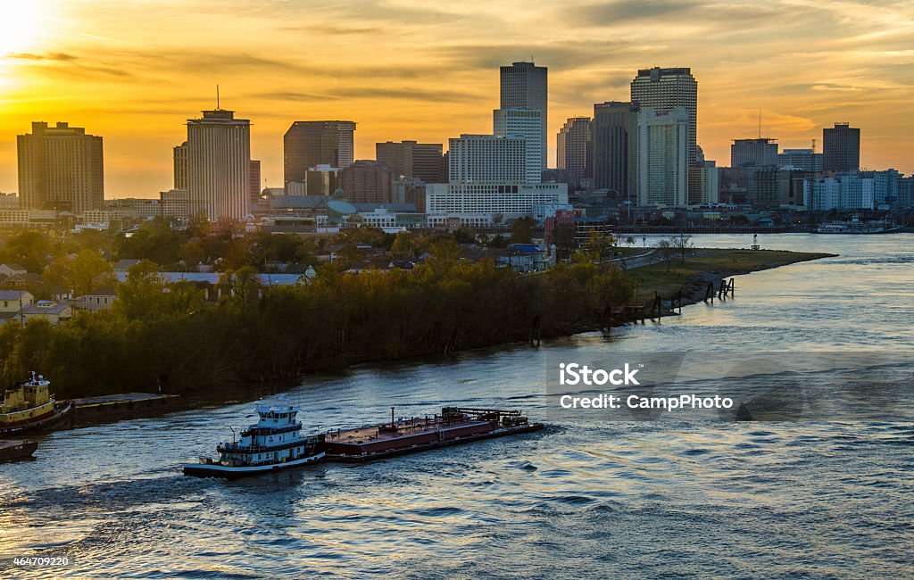 New Orleans Mississippi River Sunset color over New Orleans, Louisiana. Mississippi River Stock Photo