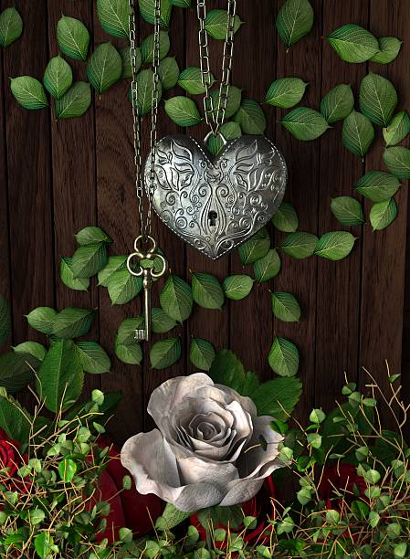 Roses and a heart with key on wooden board, stock photo