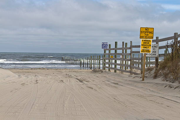 How to Drive on the Beach Beach signs and blockades concerning driving on the beach in the Outer Banks of North Carolina impassable limit stock pictures, royalty-free photos & images