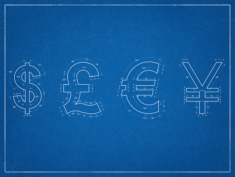Us Dollar, British Pound, Japanesse Yen, Euro Symbols - Blueprint