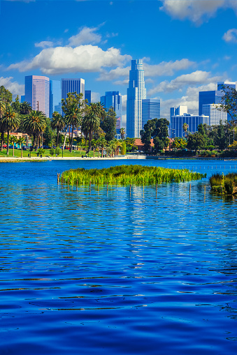 Summer day with reflection of Los Angeles skyline and skyscrapers, California