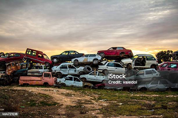 Damaged Rusted Car Scraps Stock Photo - Download Image Now - Junkyard, 2015, Crushed