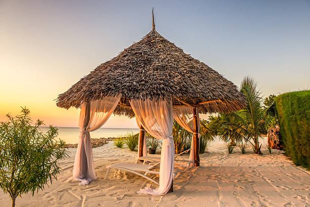 cadeiras de praia ao pôr-do-sol, zanzibar, tanzânia - beach sunset sand wood - fotografias e filmes do acervo