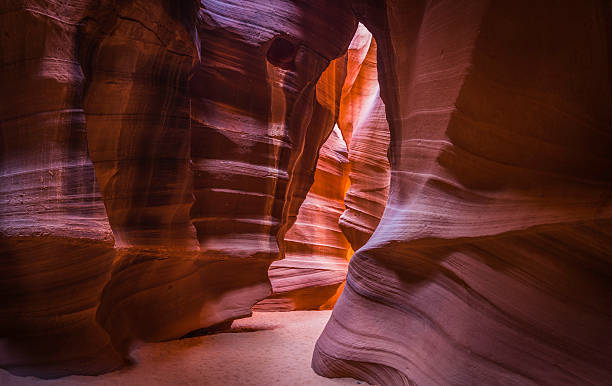 Trail though desert ravine Antelope Canyon iocnic slot canyon Arizona The iconic curves of smooth strata and narrow sandy riverbed twisting through Antelope Canyon in Page, Arizona, Southwest USA. ProPhoto RGB profile for maximum color fidelity and gamut. upper antelope canyon stock pictures, royalty-free photos & images