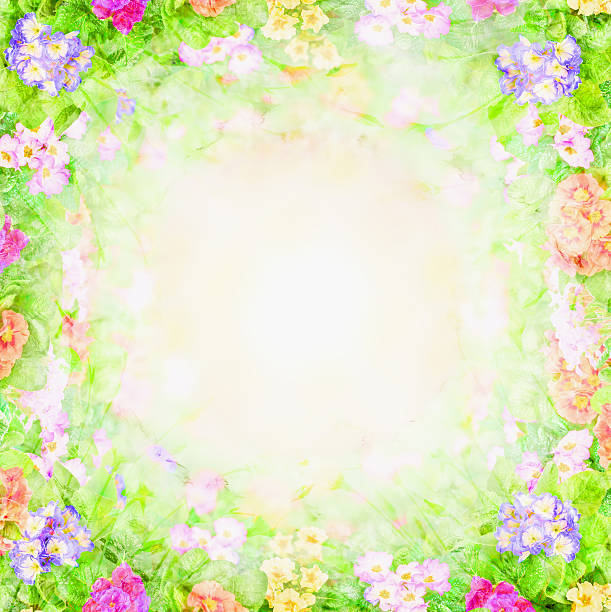 istock green pink blurry floral background, flowers frame 464730664