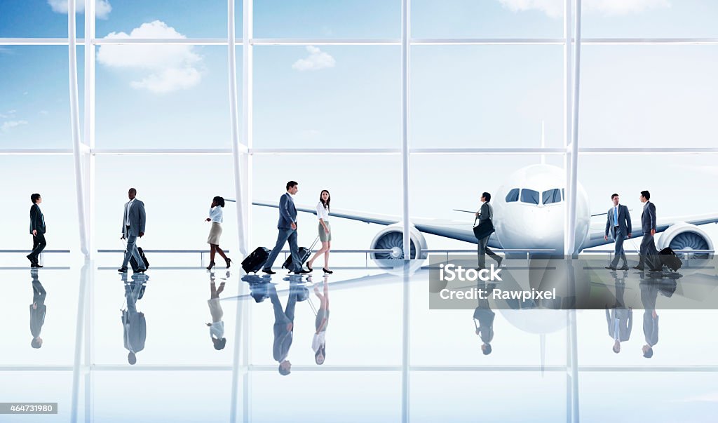 Group People Airport Business Travel Communication Concept ***NOTE TO INSPECTOR: This airplane is our own 3D generic design. It does not infringe on any copyrighted designs. Business Travel Stock Photo